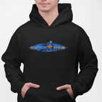 Doctor Brew hoodie with beer can TARDIS design in gold and blue