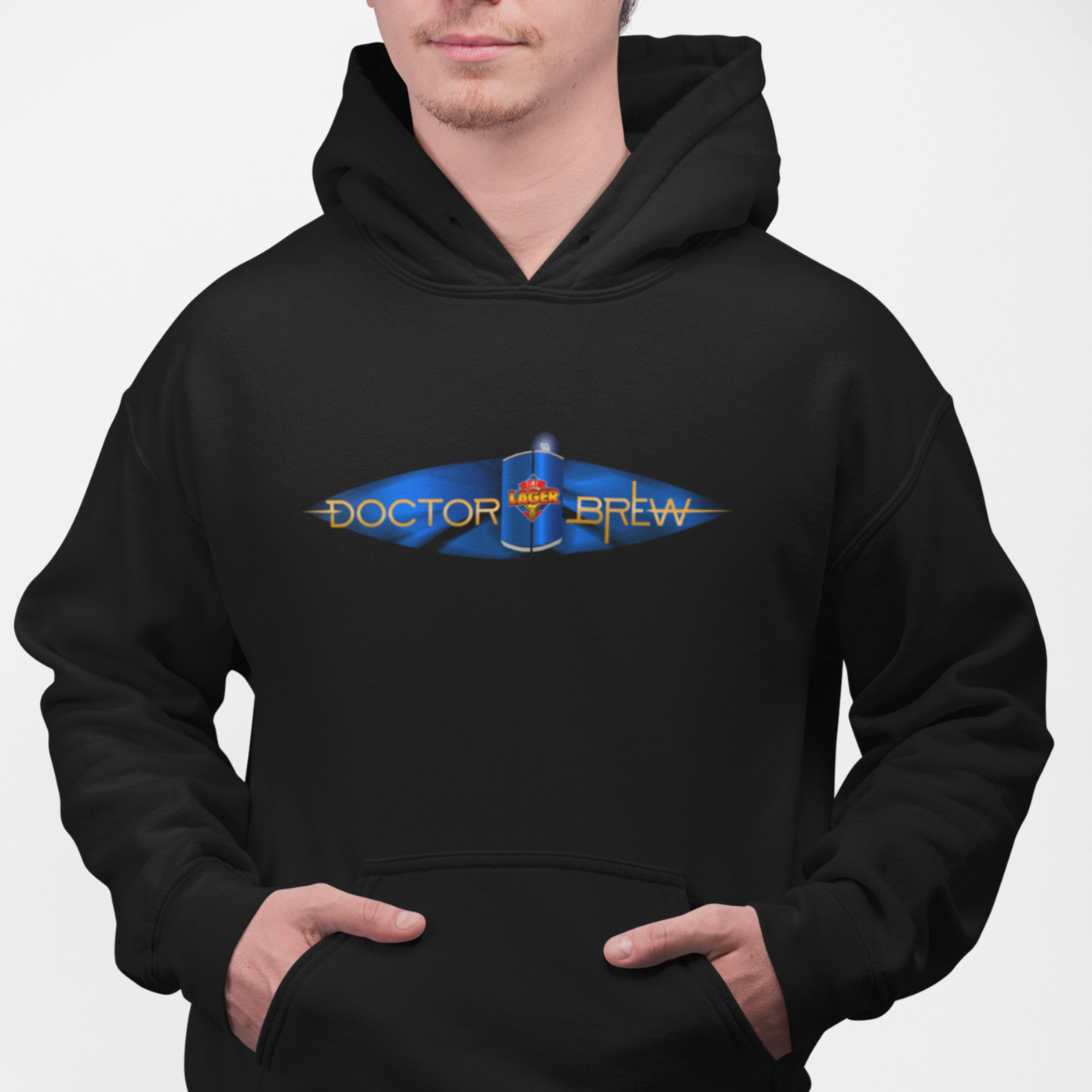 Doctor Brew hoodie with beer can TARDIS design in gold and blue