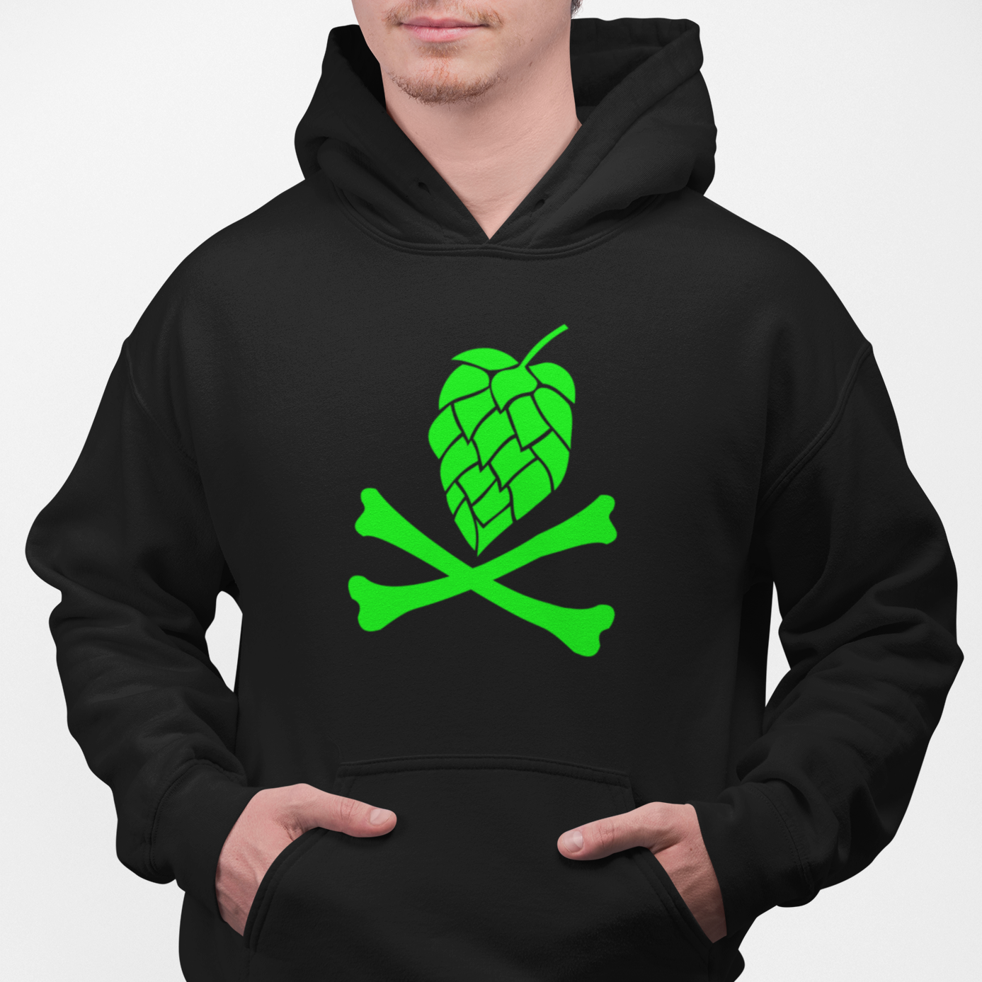 Craft beer hoodie with green hops and crossbones graphic