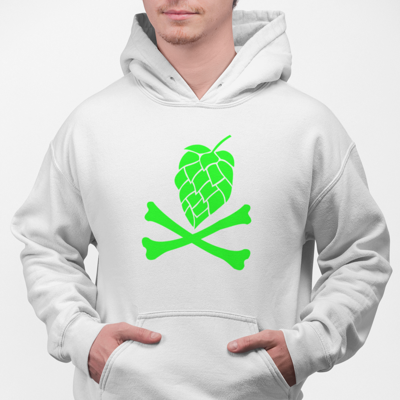 White hoodie with hop cone skull and crossbones design