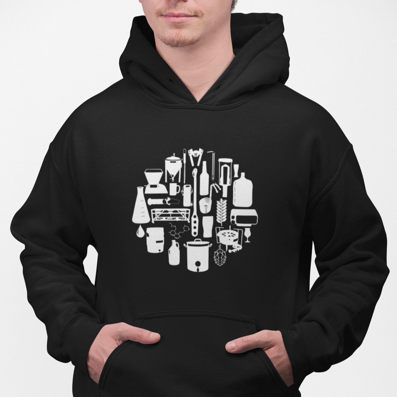 Black fleece hoodie featuring over 20 homebrew equipment silhouettes