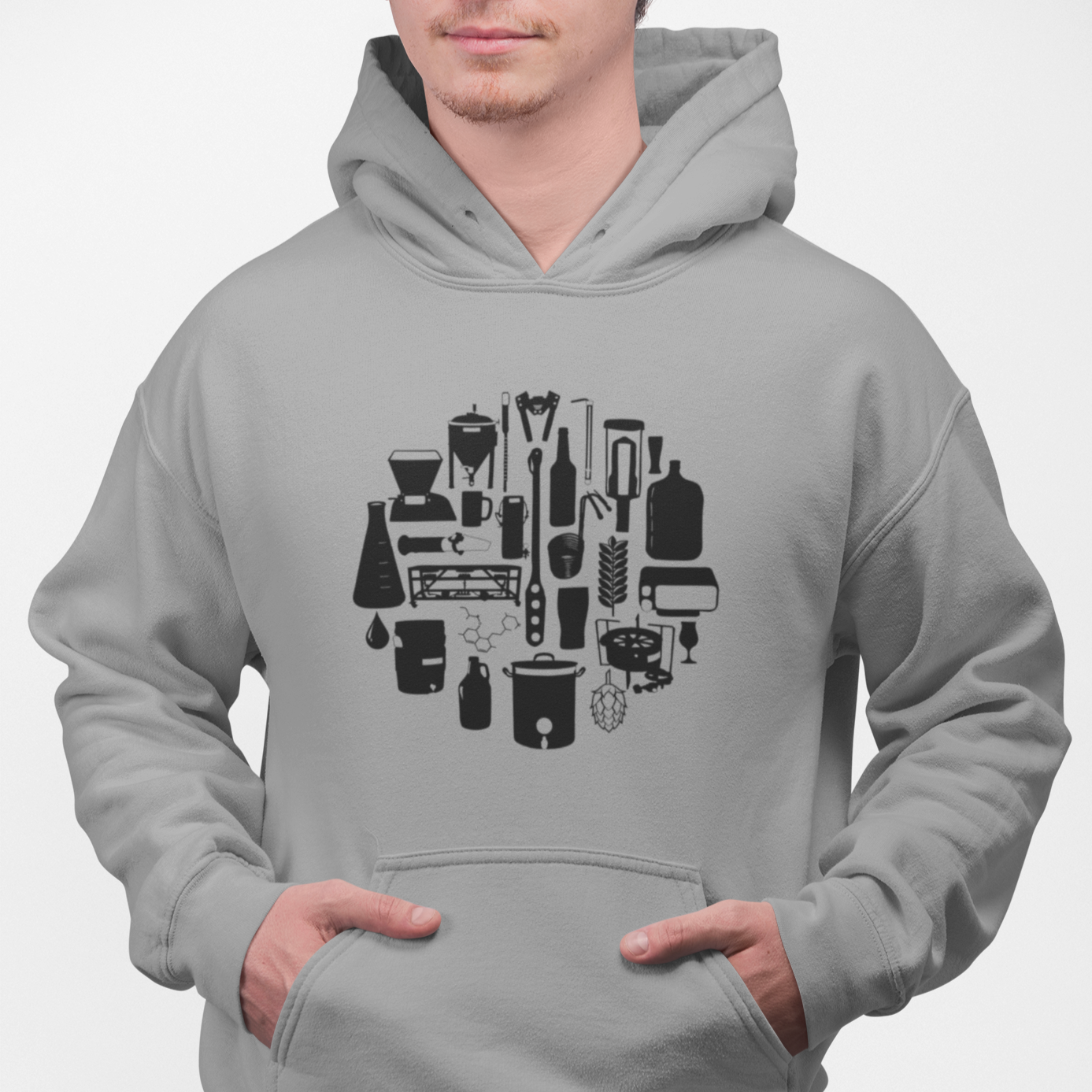Light gray pullover hoodie with circular brewing-tool icon collage