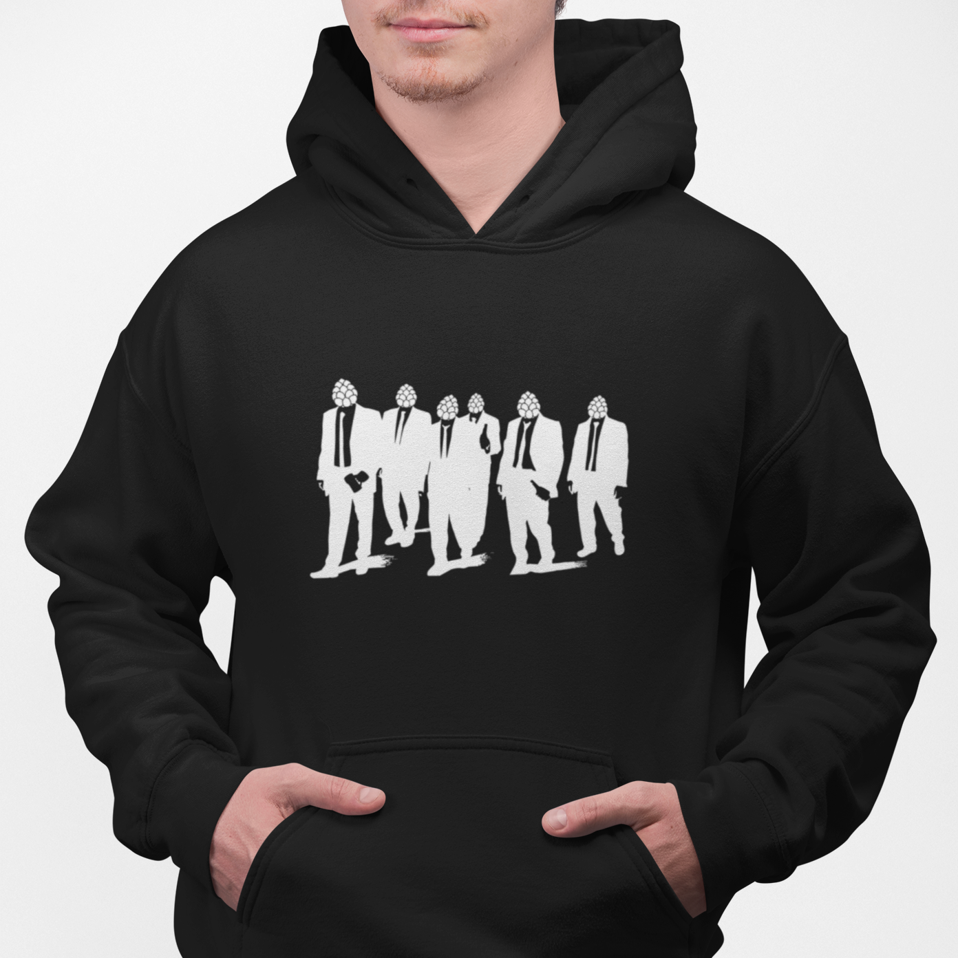 Black hoodie with Reservoir Hops hop-head in suit silhouettes