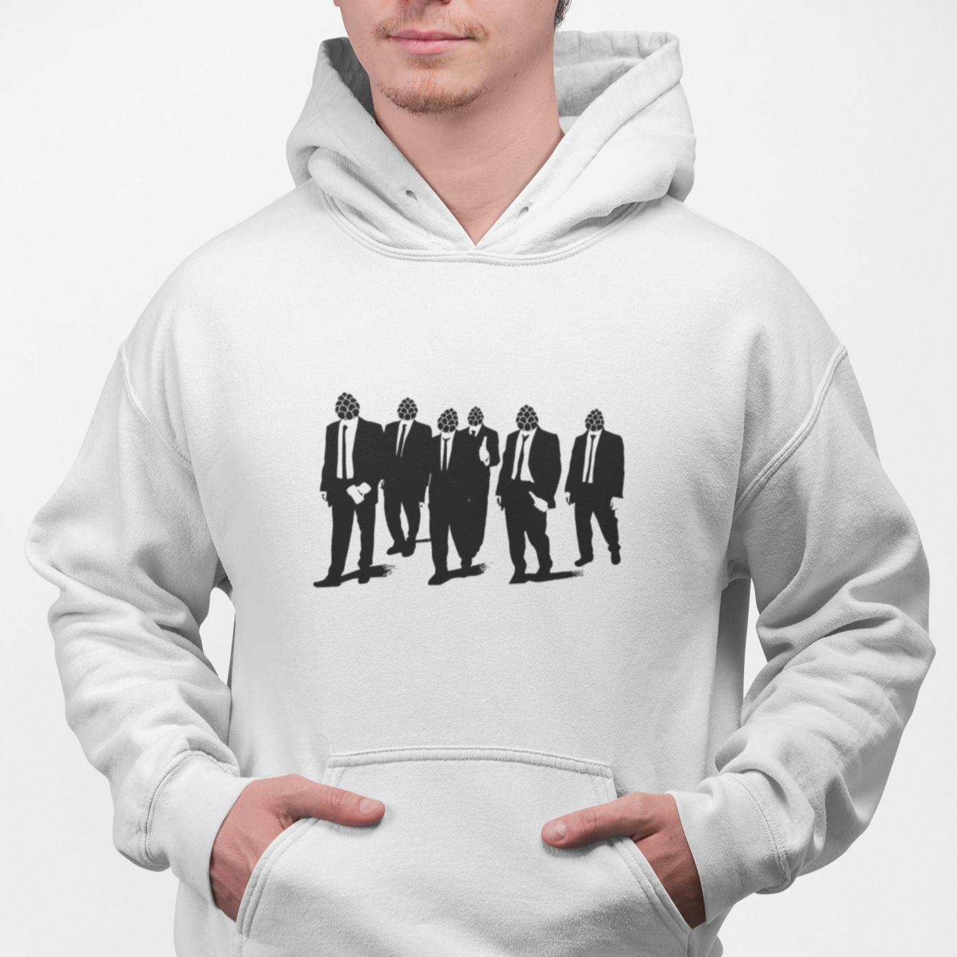 White pullover hoodie featuring seven suited hop-cone head figures