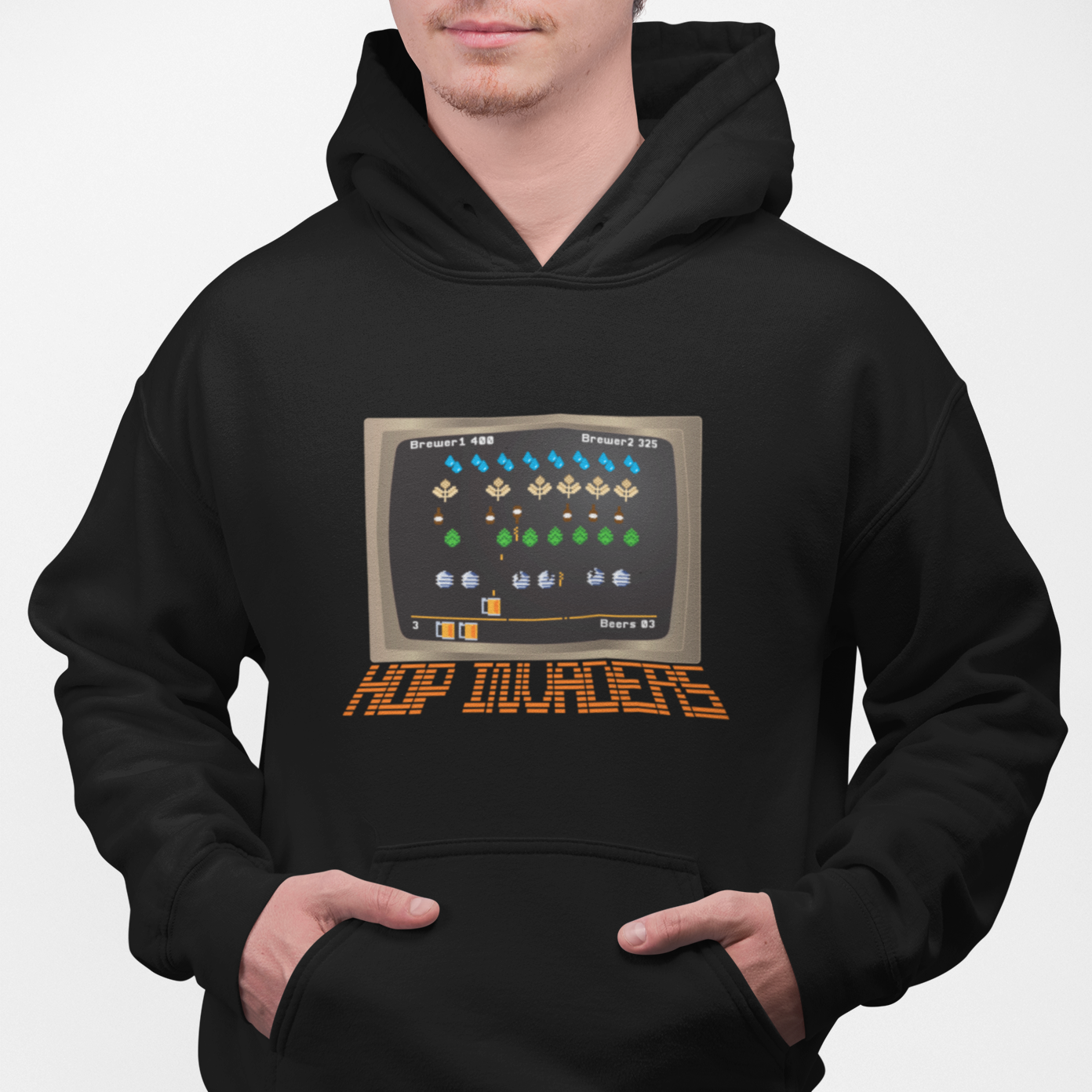 Black Hop Invaders hoodie with pixel hop cone invasion graphic