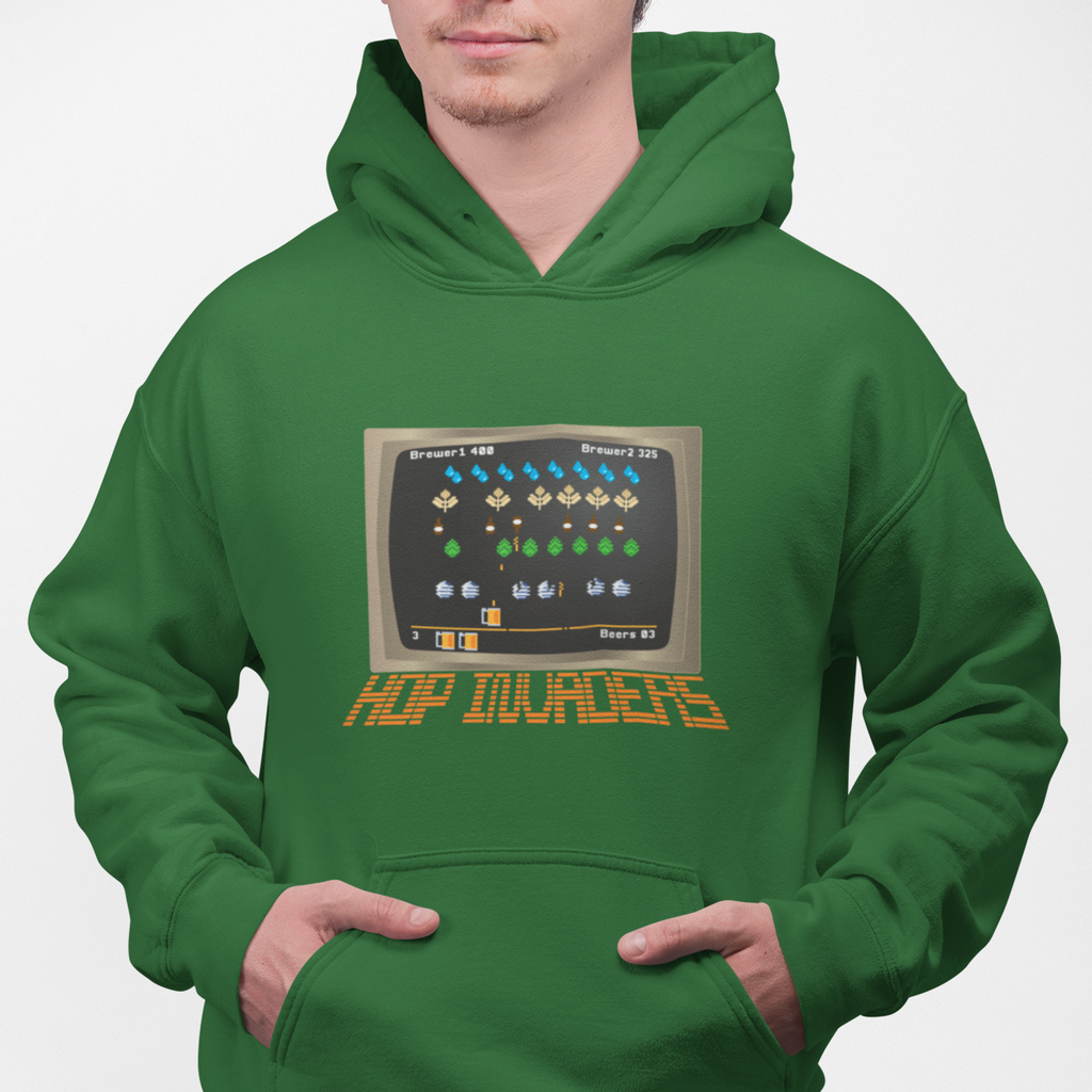 Olive green pullover hoodie featuring Space Invaders–style hops