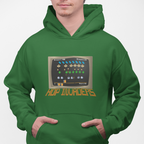 Olive green pullover hoodie featuring Space Invaders–style hops
