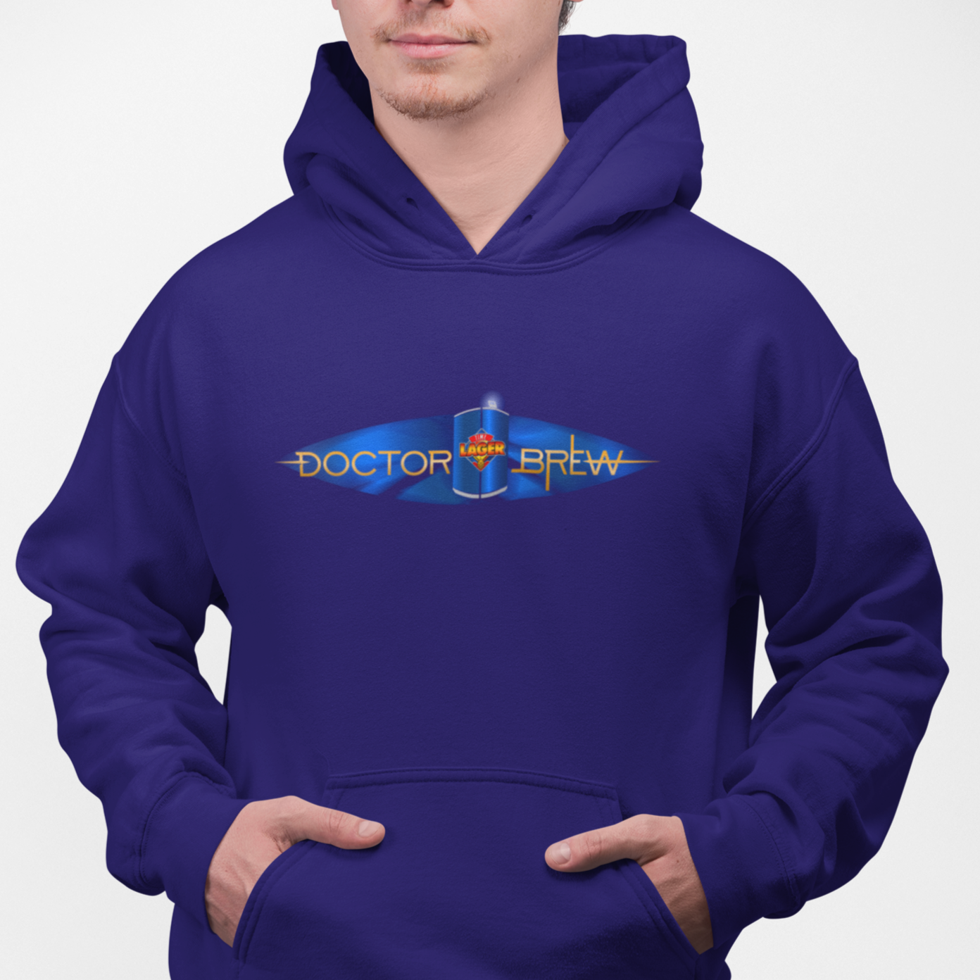 Navy craft beer hoodie with Doctor Brew Time Lager artwork