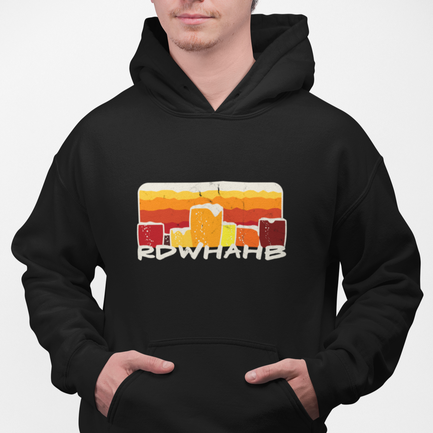 Black pullover hoodie with amber gradient stripes and frothy pint silhouettes