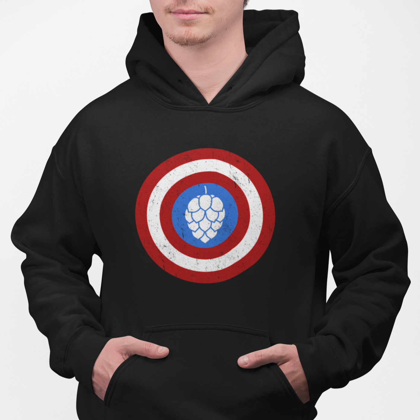 Craft beer hoodie parodying Captain America’s iconic shield design