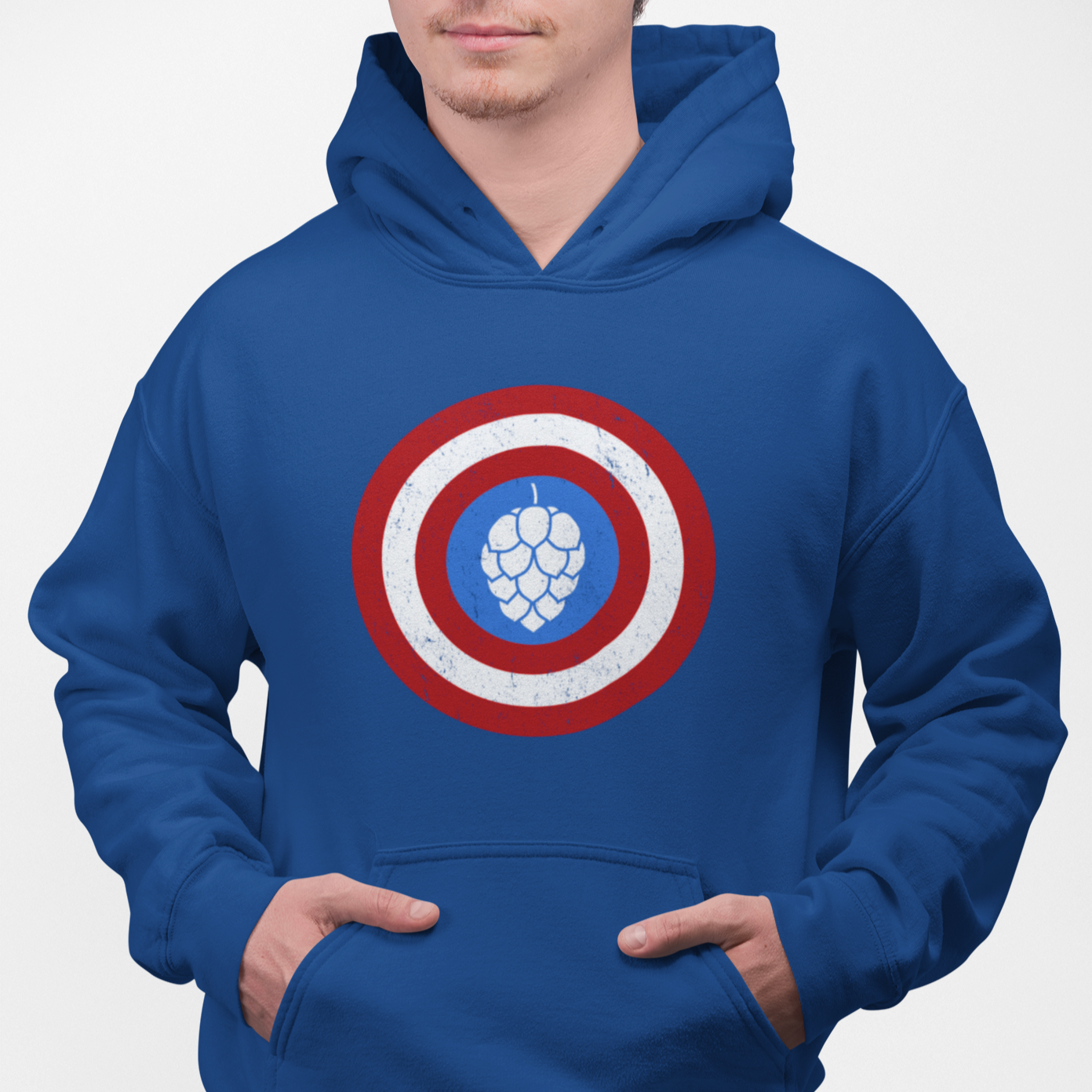 Captain Hop Cone hoodie with red and white circle shield and white hop con