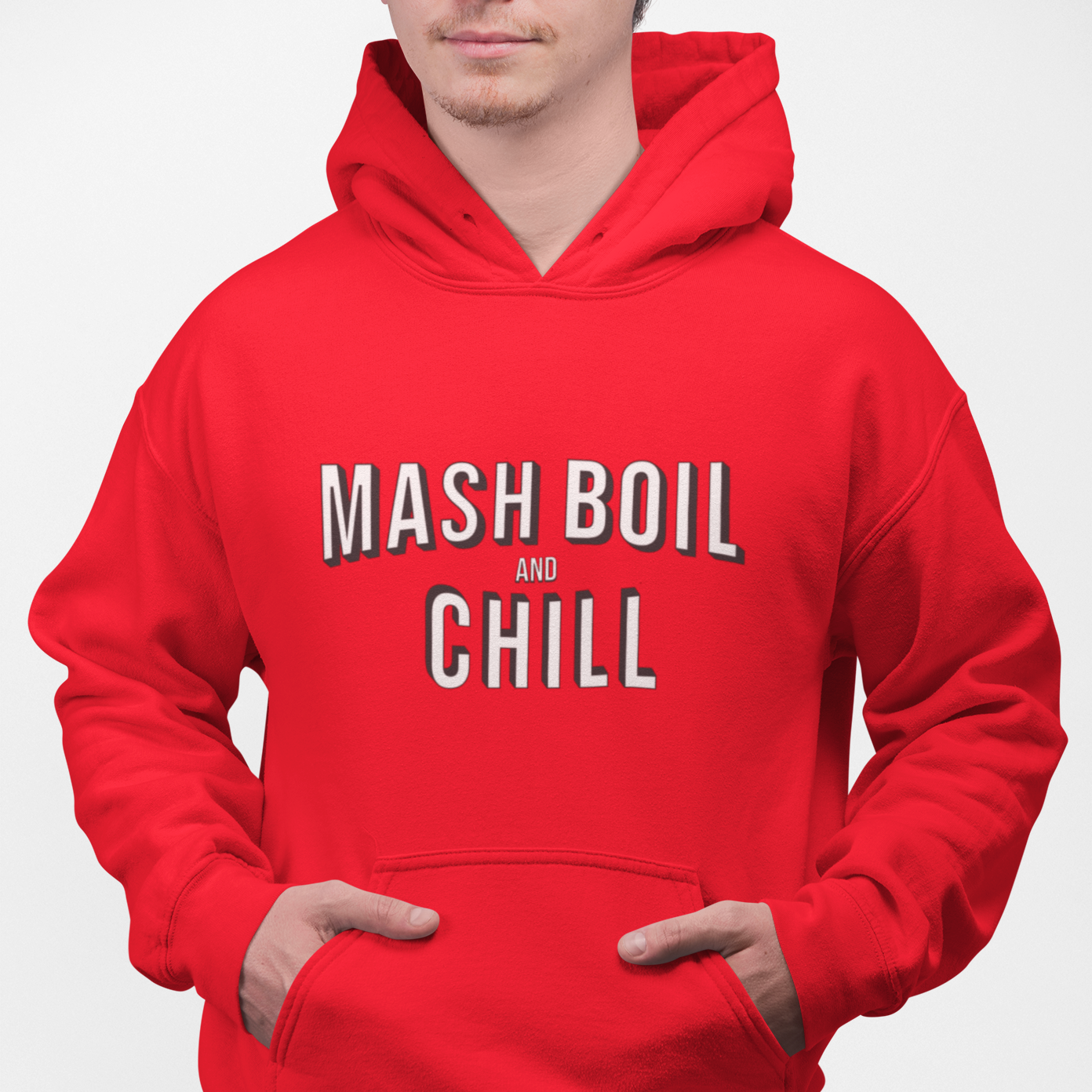 Red pullover hoodie with white Mash, Boil & Chill text
