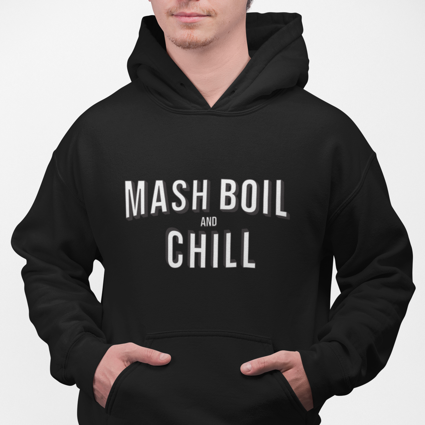 Black fleece hoodie featuring Mash, Boil & Chill bold logotype