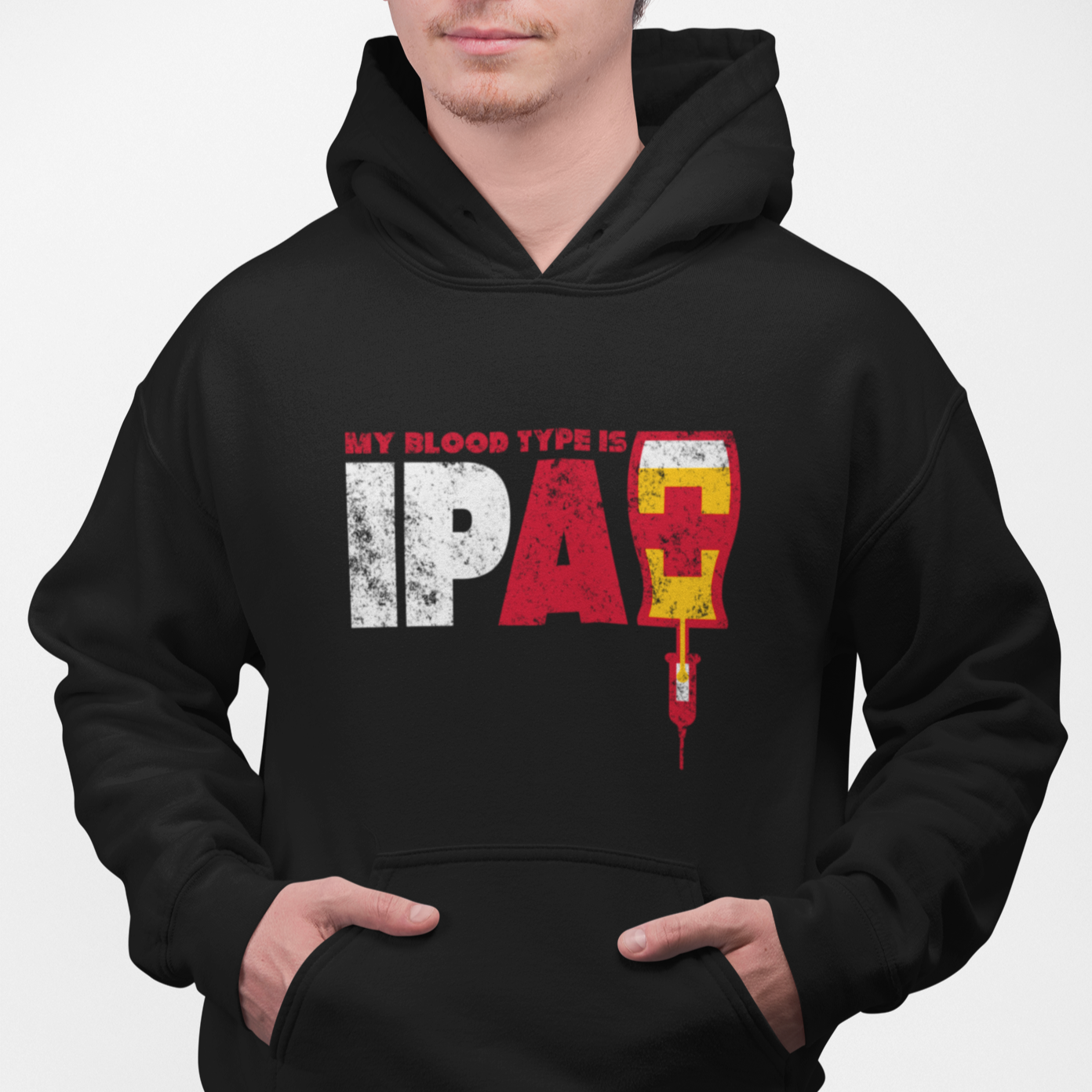 Black pullover hoodie with IPA+ IV-bag pint graphic and text