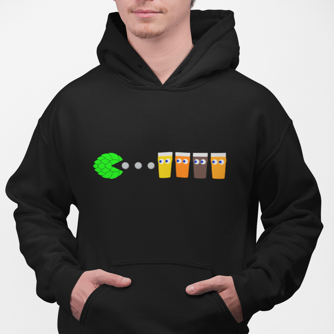 Black pullover hoodie with pixel hop-cone Pac-Man chasing four pints of beer