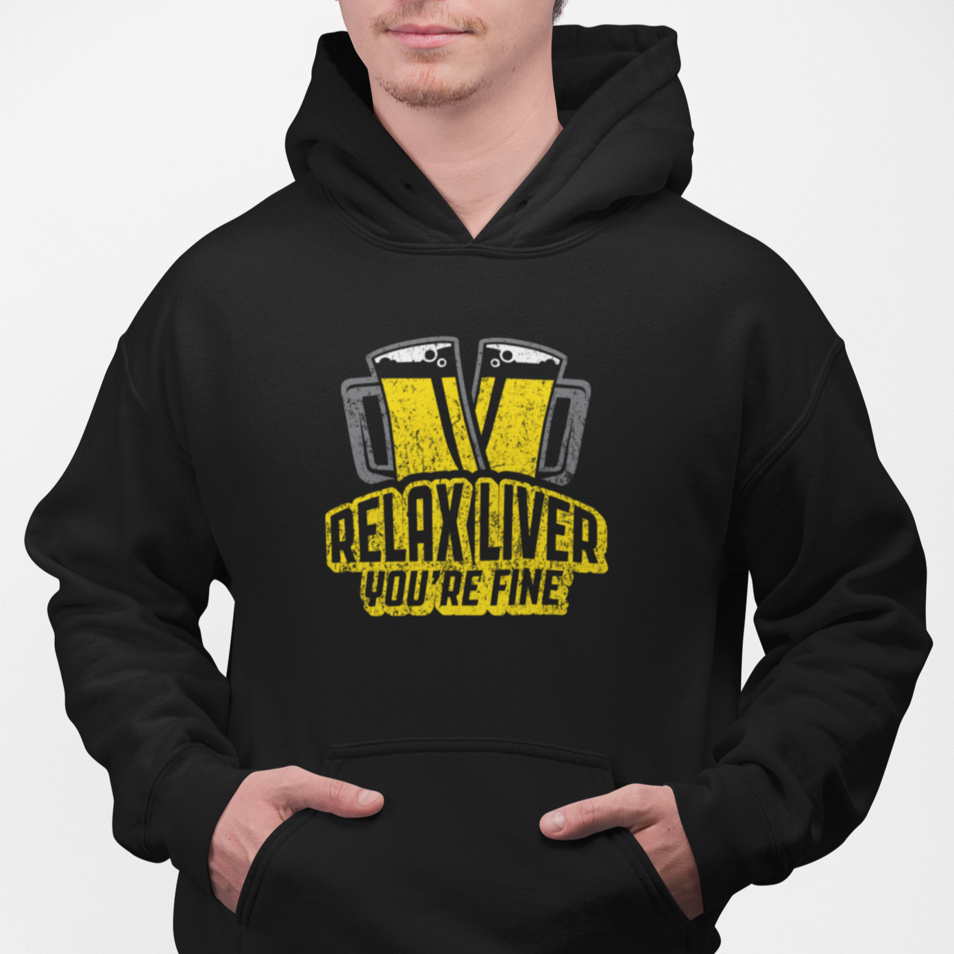 Black pullover hoodie with distressed beer mugs forming a V and Relax Liver You’re Fine text