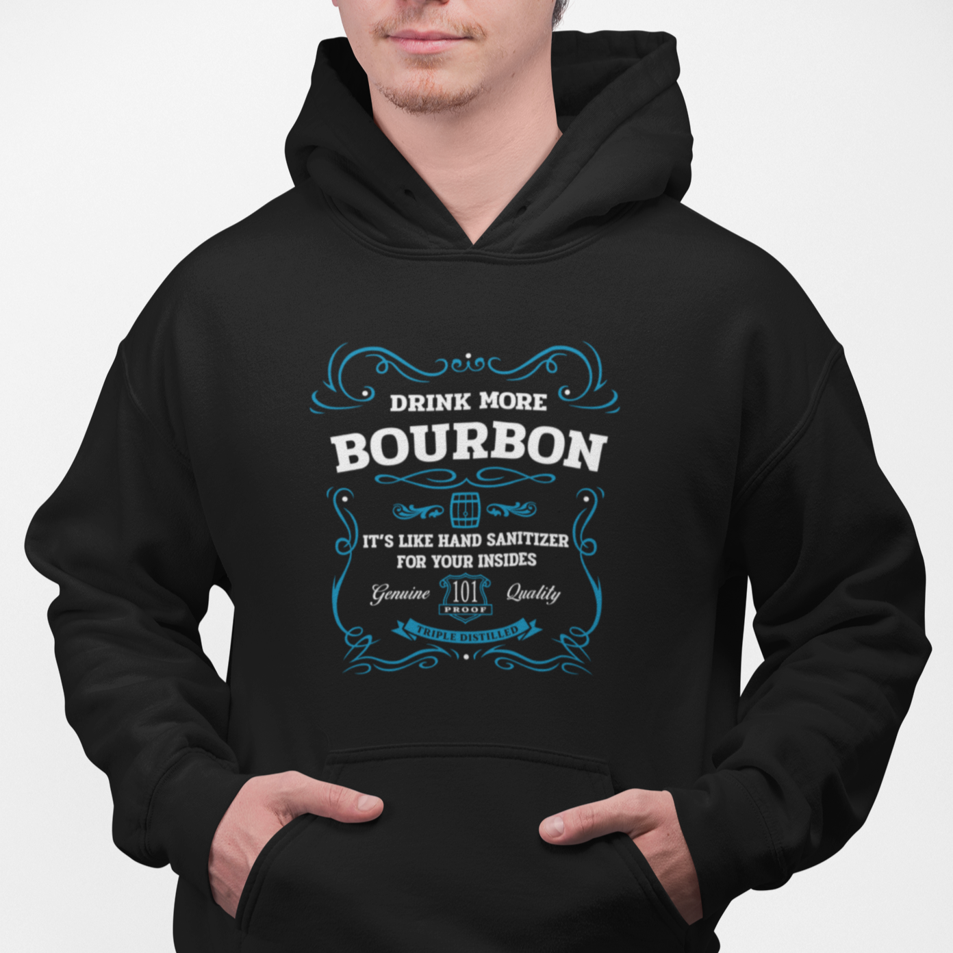 Black pullover hoodie with Drink More Bourbon label-style design