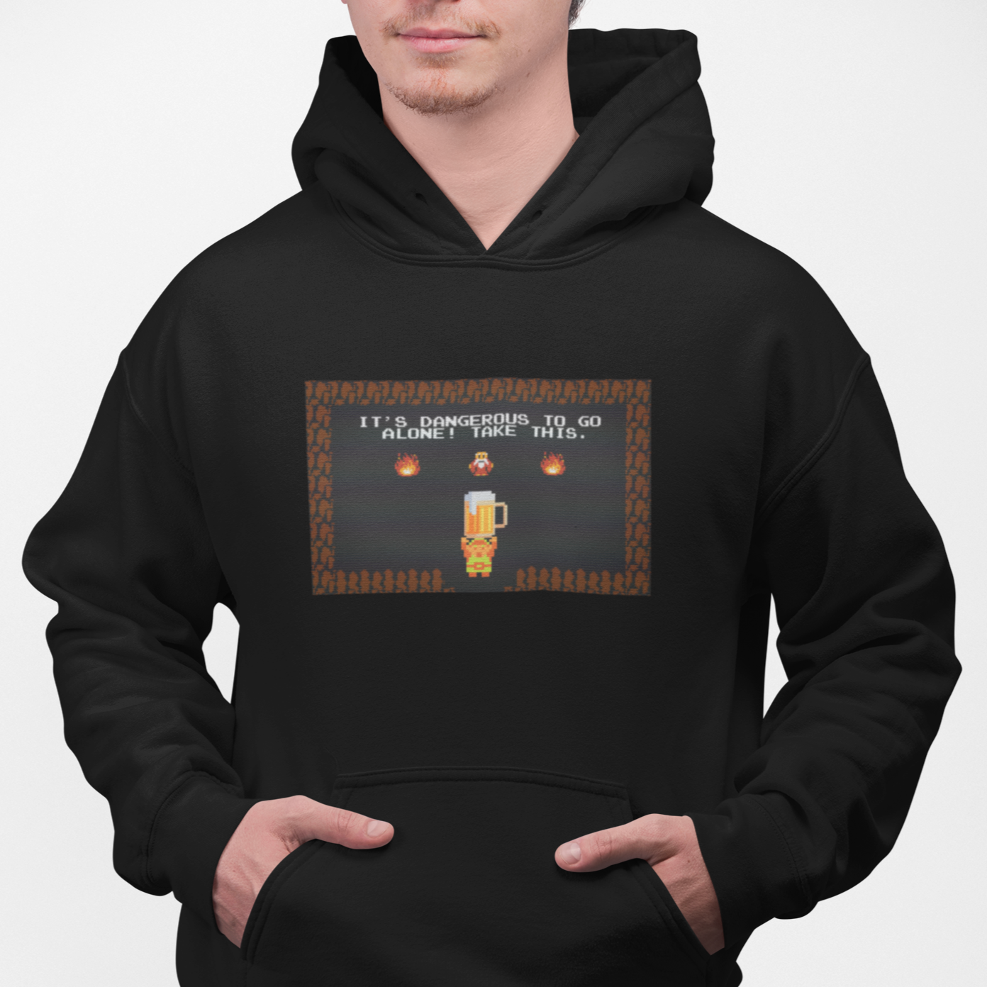 Black pullover hoodie with It’s Dangerous To Go Alone beer graphic on front 