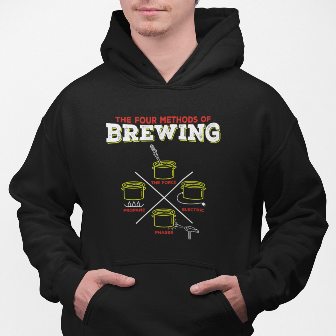 Black pullover hoodie with four homebrewing methods crossed pot icons and headline
