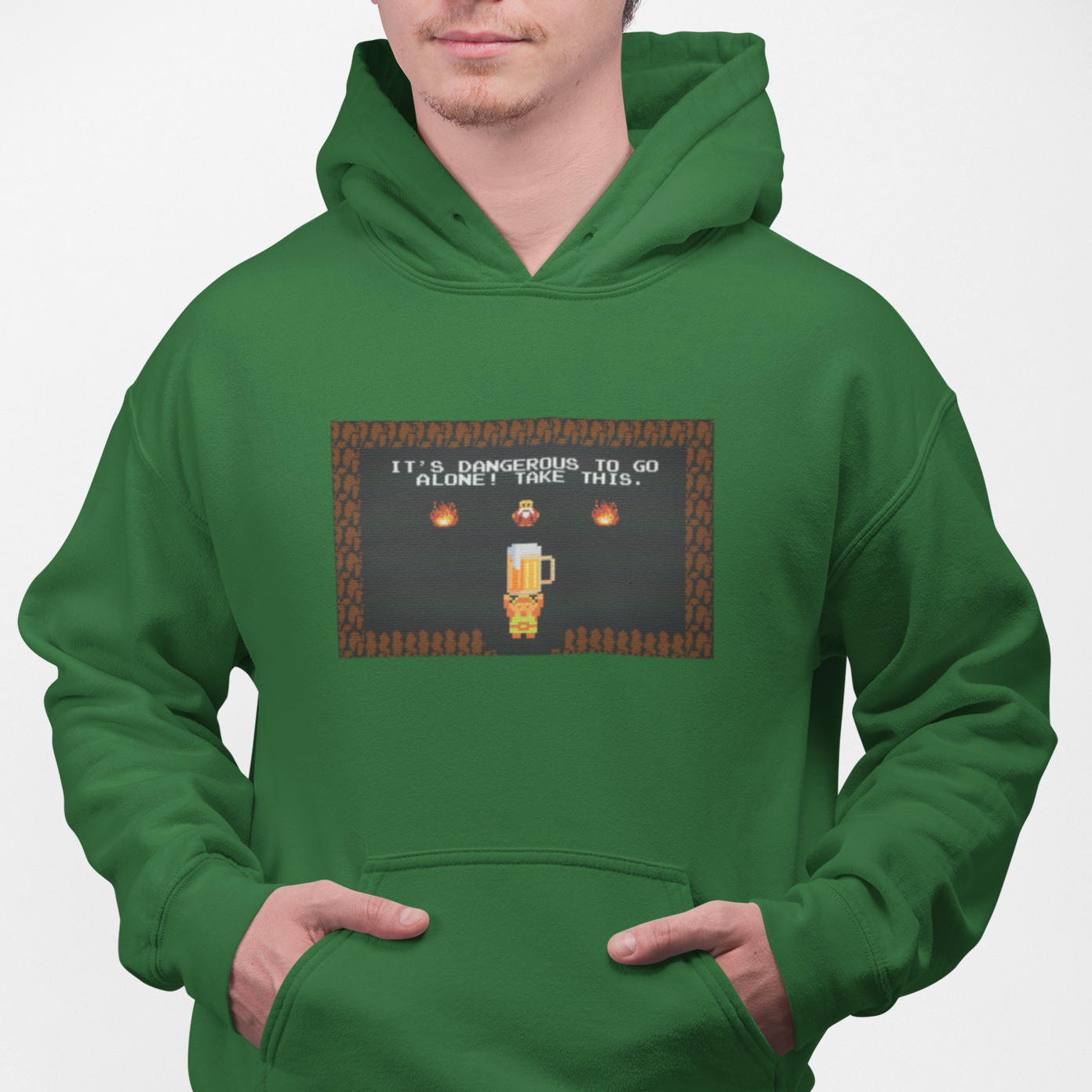 Gamer hoodie featuring quest advice and frothy pint design