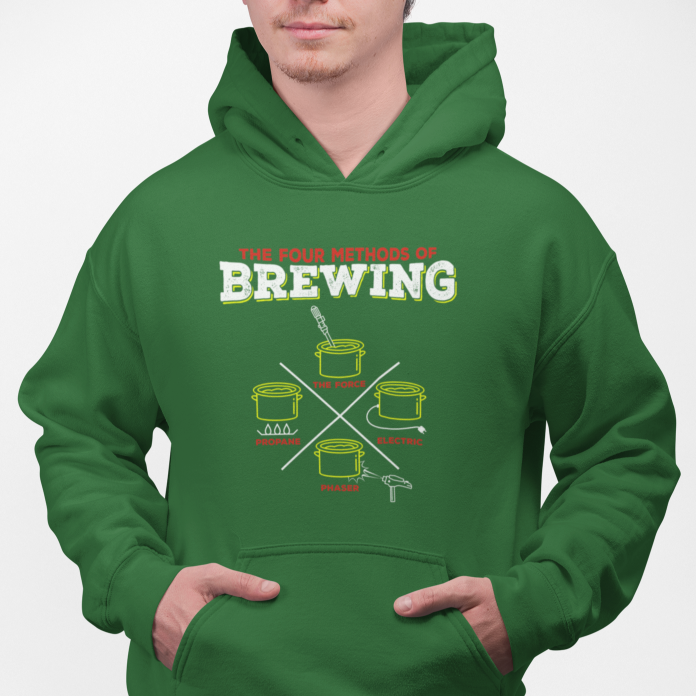 Green fleece hoodie featuring propane, electric, The Force, and phaser brew pot design