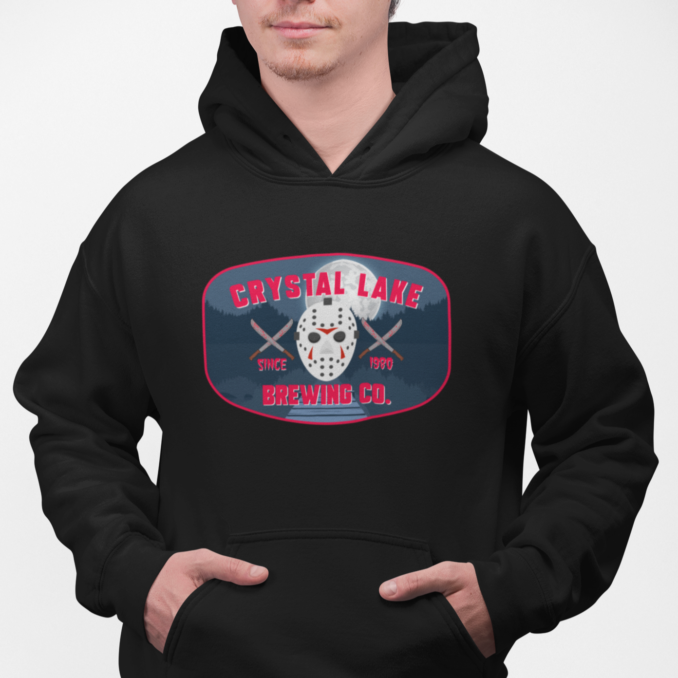 Black Crystal Lake Brewing hoodie with bloody knives and hockey mask