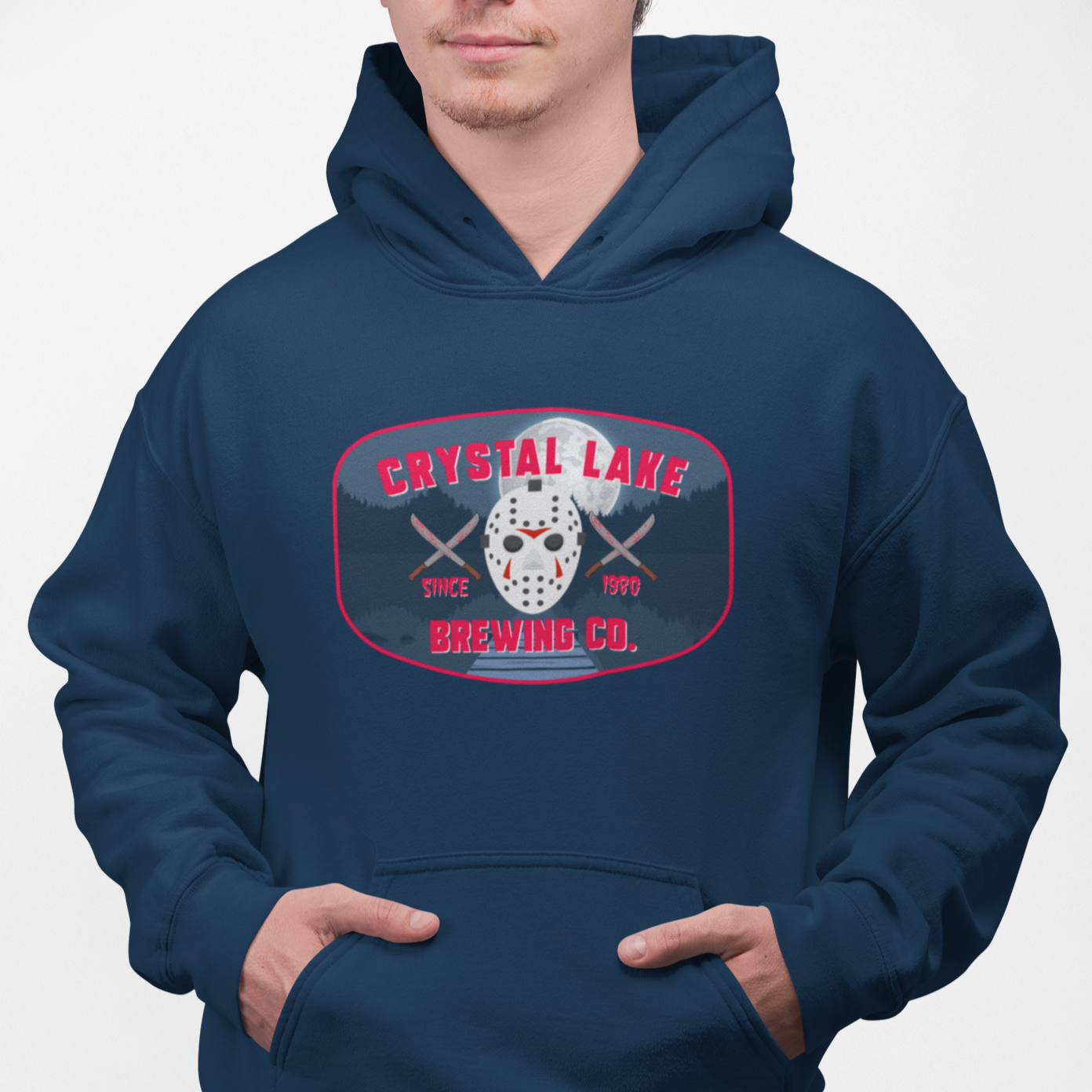 Navy horror-themed hoodie parodying slasher movie tropes