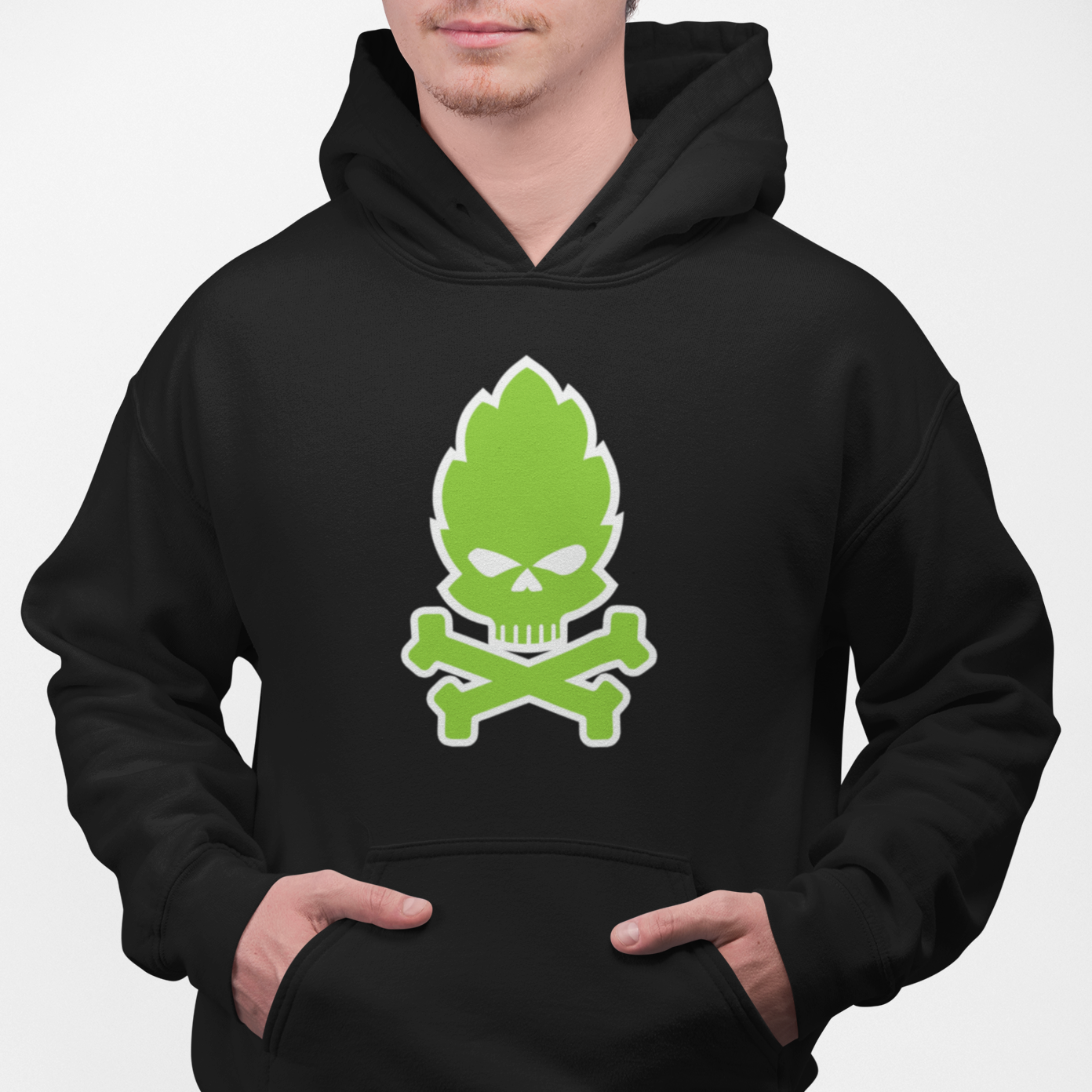 Black pullover hoodie with neon green hop skull and crossbones front 