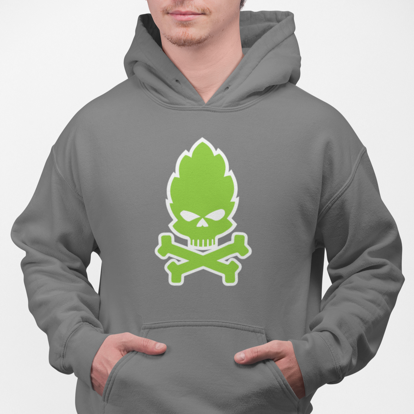 Medium gray hoodie featuring hop skull and crossed bones craft beer graphic
