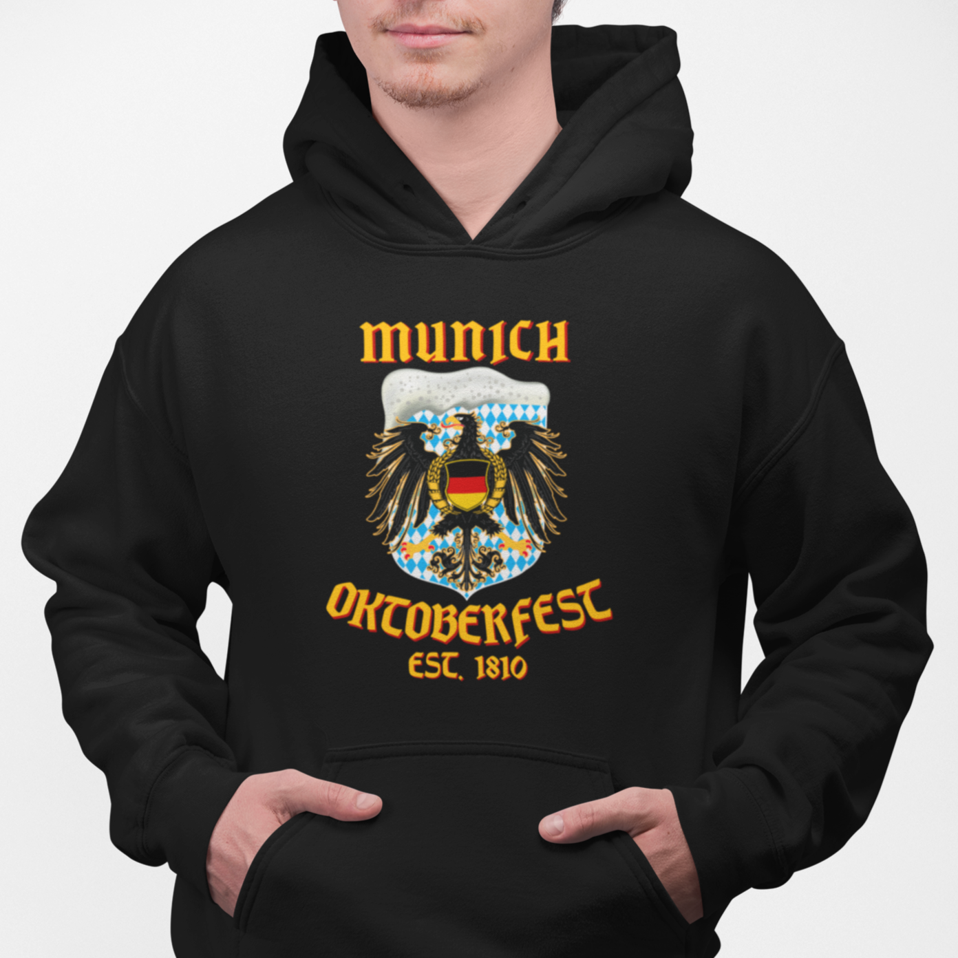 Black hoodie with Munich Oktoberfest eagle crest and beer foam