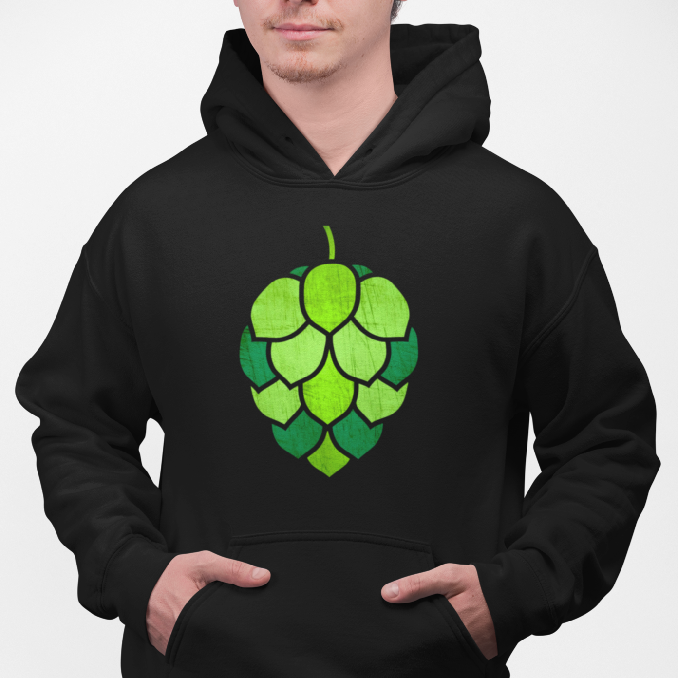 Black hoodie with stained-glass hop-cone graphic on chest