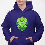Blue pullover hoodie featuring green stained-glass hop design
