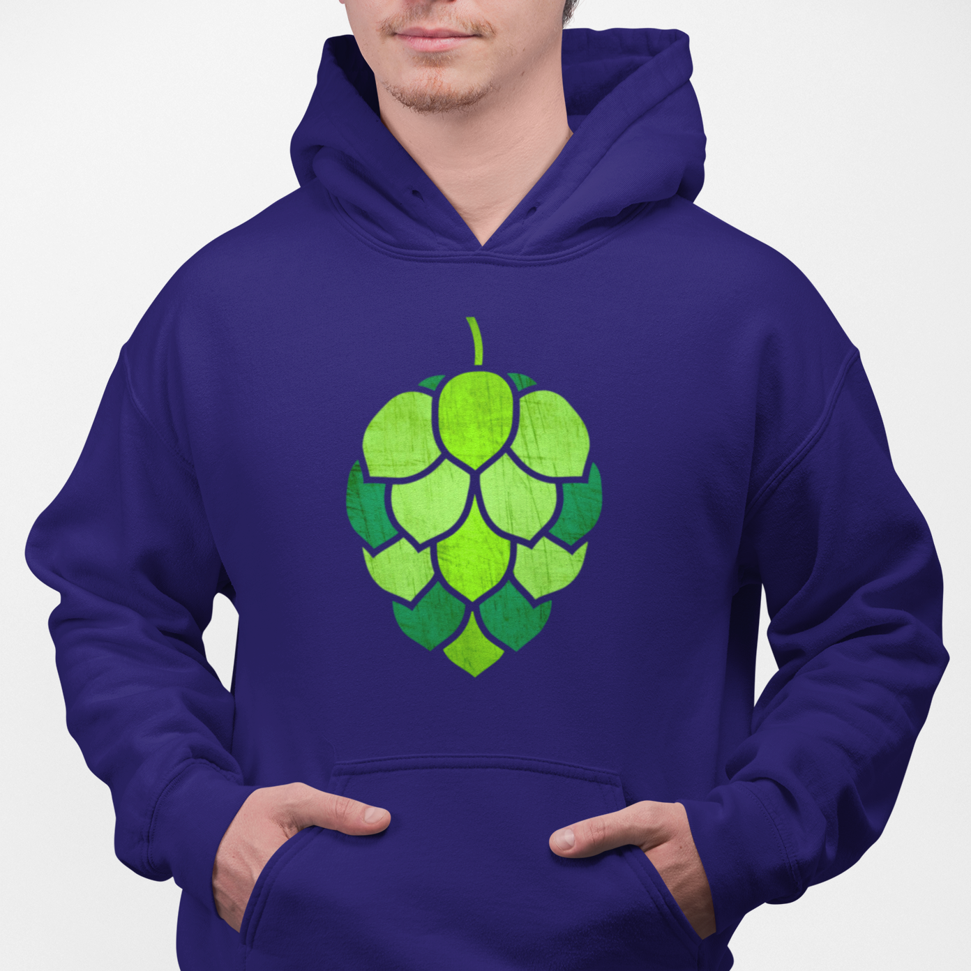 Blue pullover hoodie featuring green stained-glass hop design