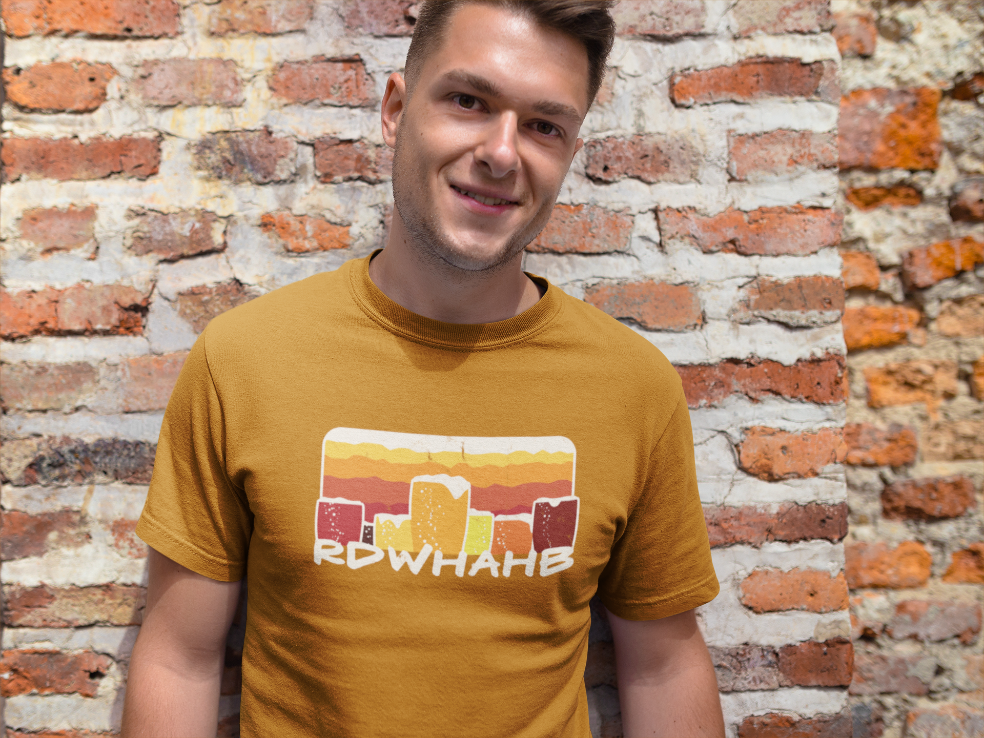 Short sleeve style beer-day tee in vibrant orange with retro motif
