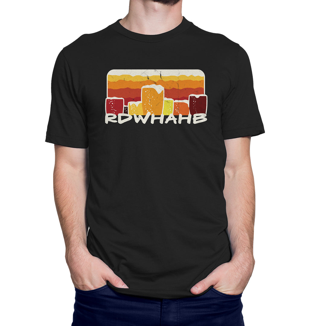 Black t-shirt with retro gradient stripes, pint silhouettes, and RDWHAHB text
