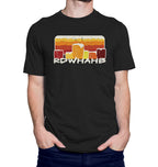 Black t-shirt with retro gradient stripes, pint silhouettes, and RDWHAHB text