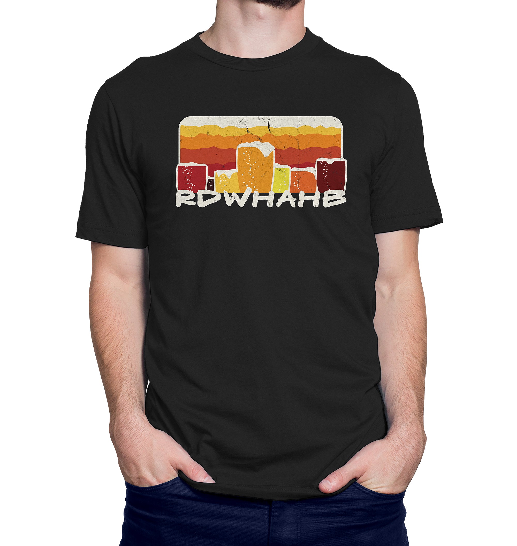 Black t-shirt with retro gradient stripes, pint silhouettes, and RDWHAHB text