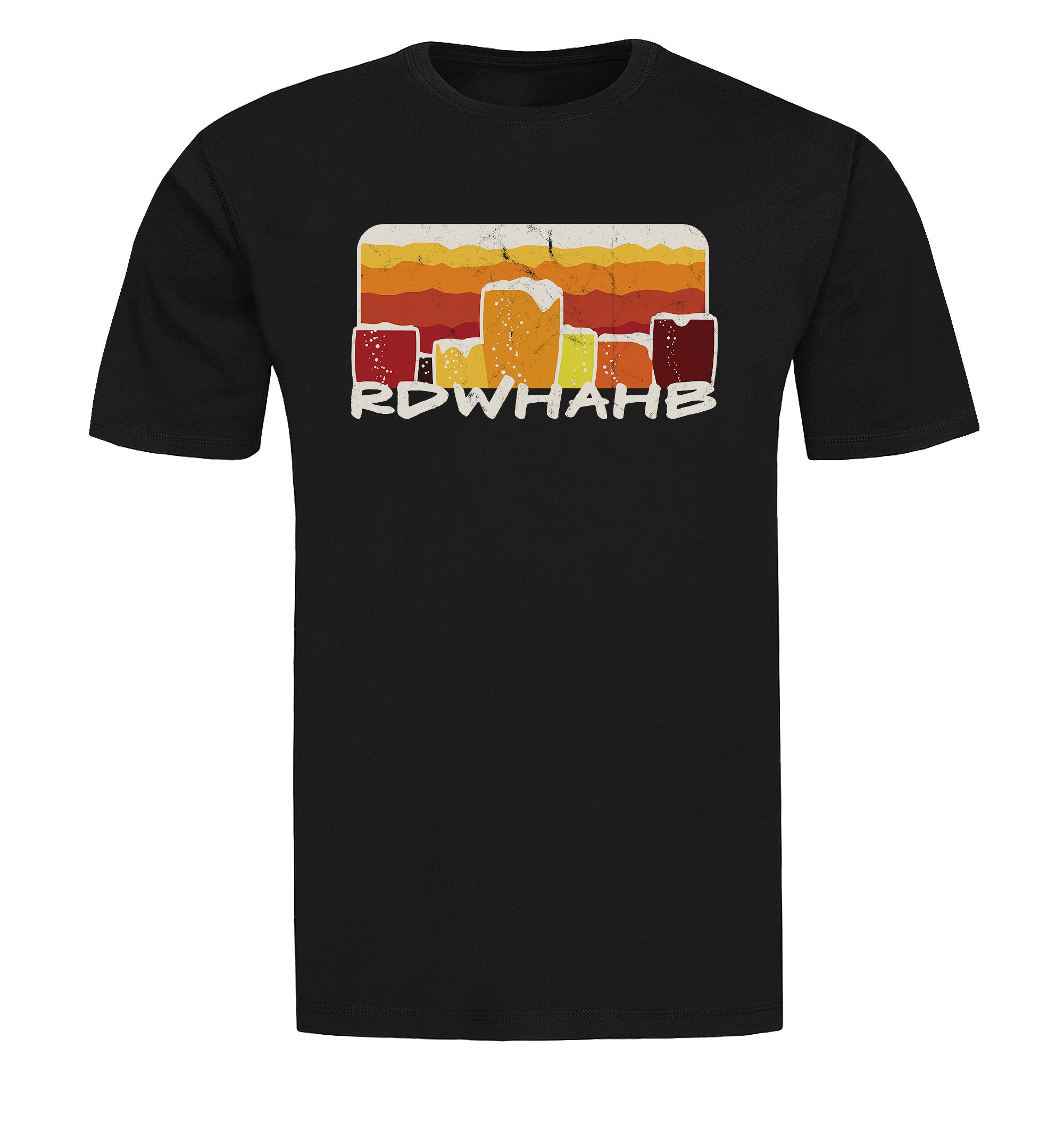 Front view of RDWHAHB mantra on black and orange t-shirts