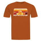 Unisex shirt with amber-red sunset stripes and beer glass icons