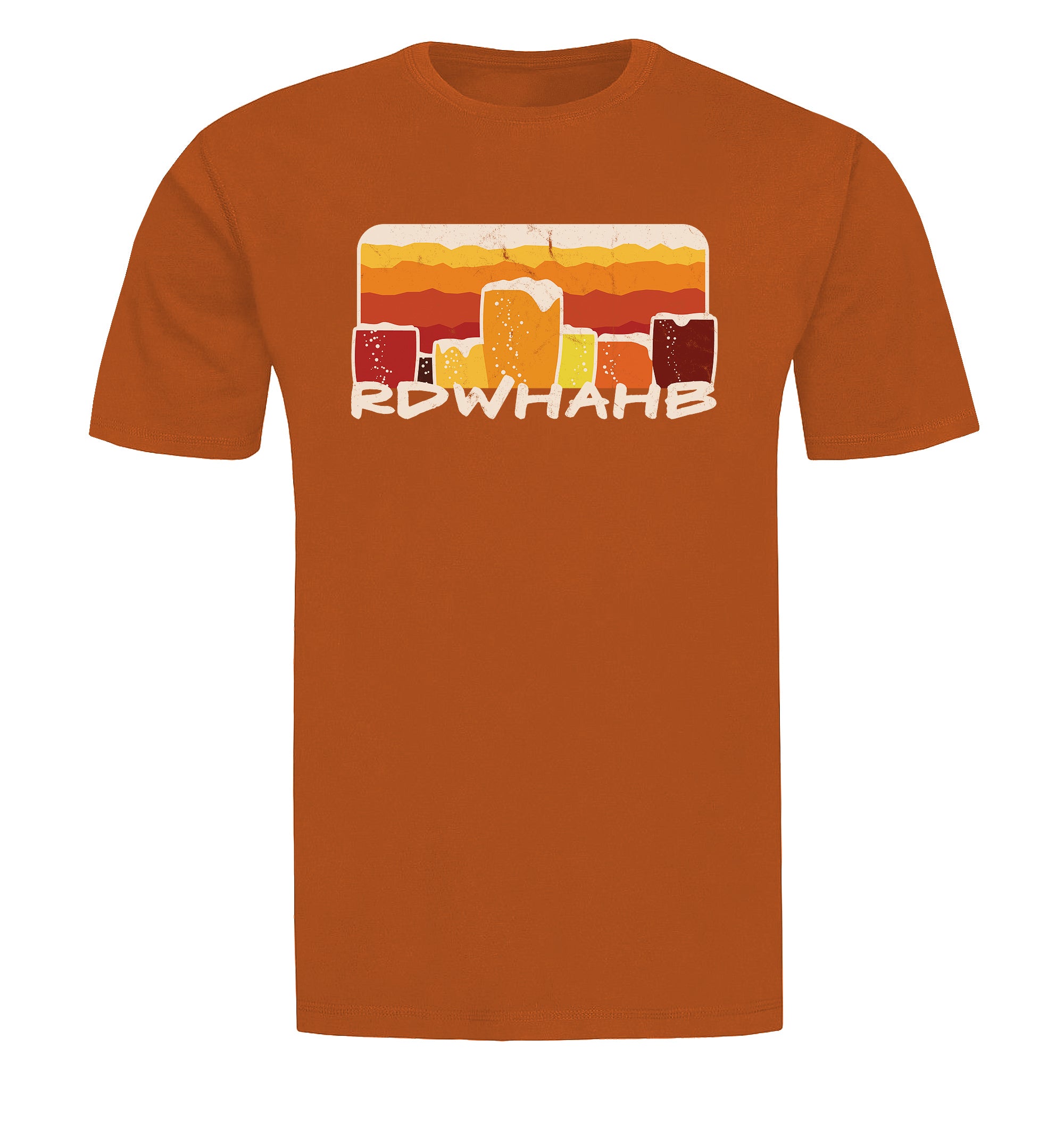 Unisex shirt with amber-red sunset stripes and beer glass icons