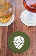 Durable beer coaster in black, green, or red with hop icon