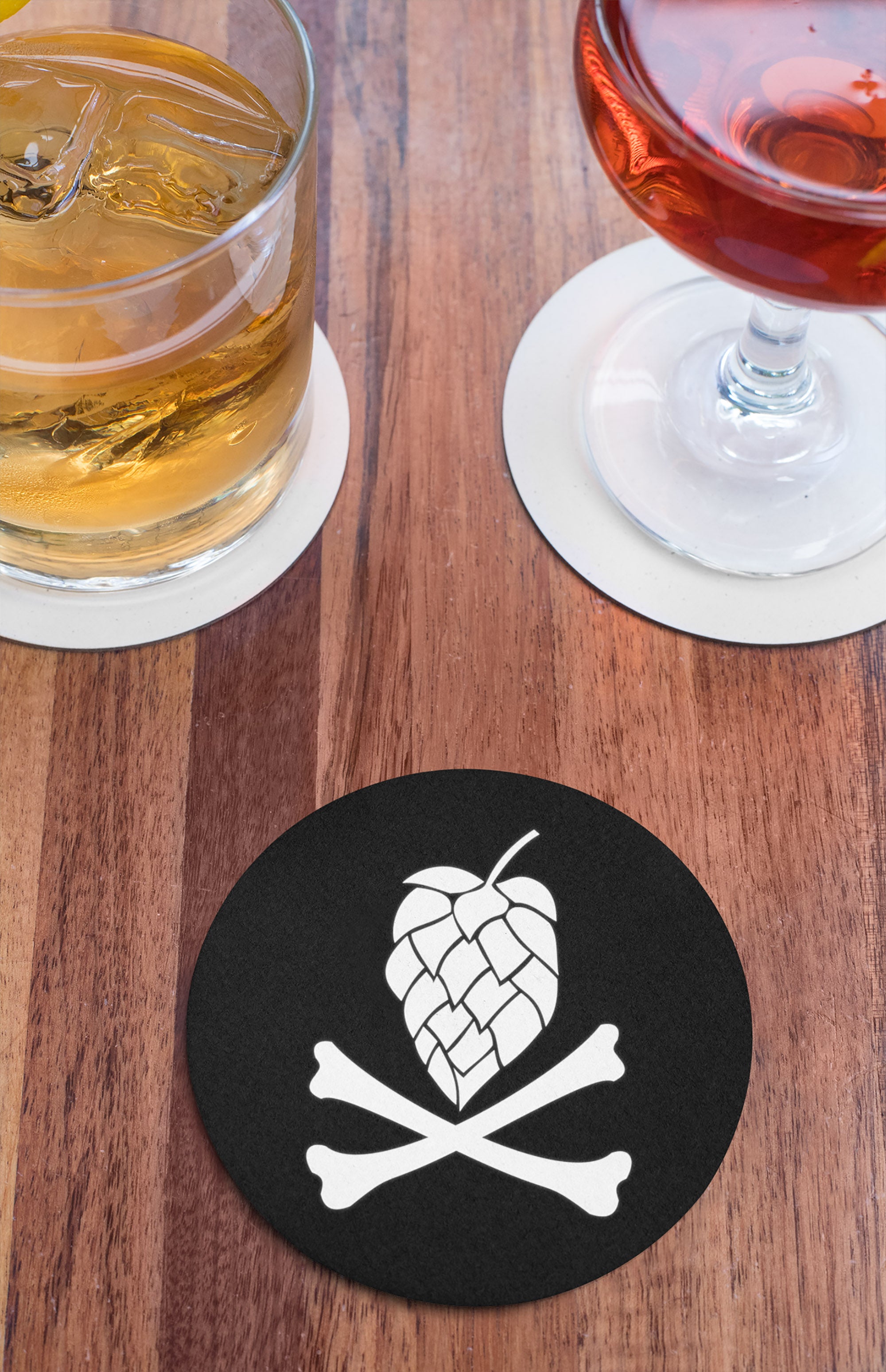 Hops and Crossbones Round Beer Coaster Action Shot