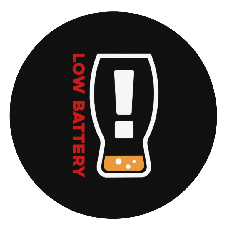 Round black coaster with low battery icon and Need a Refill text