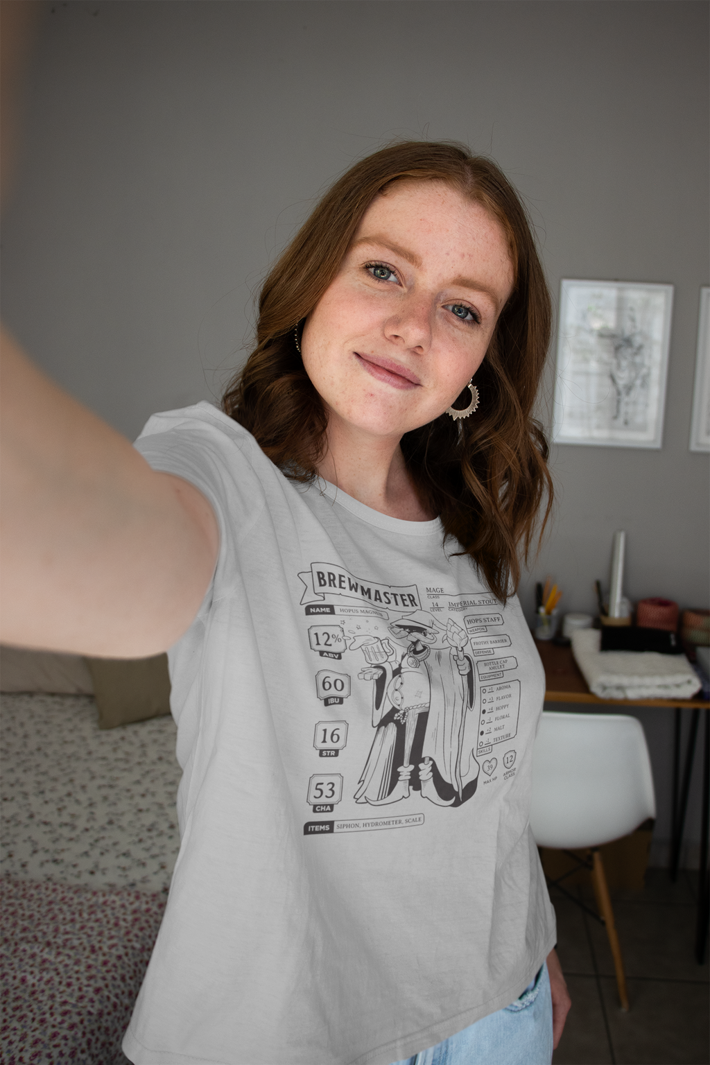 Flattering women’s cut T-shirt showcasing tabletop RPG stats for brewers