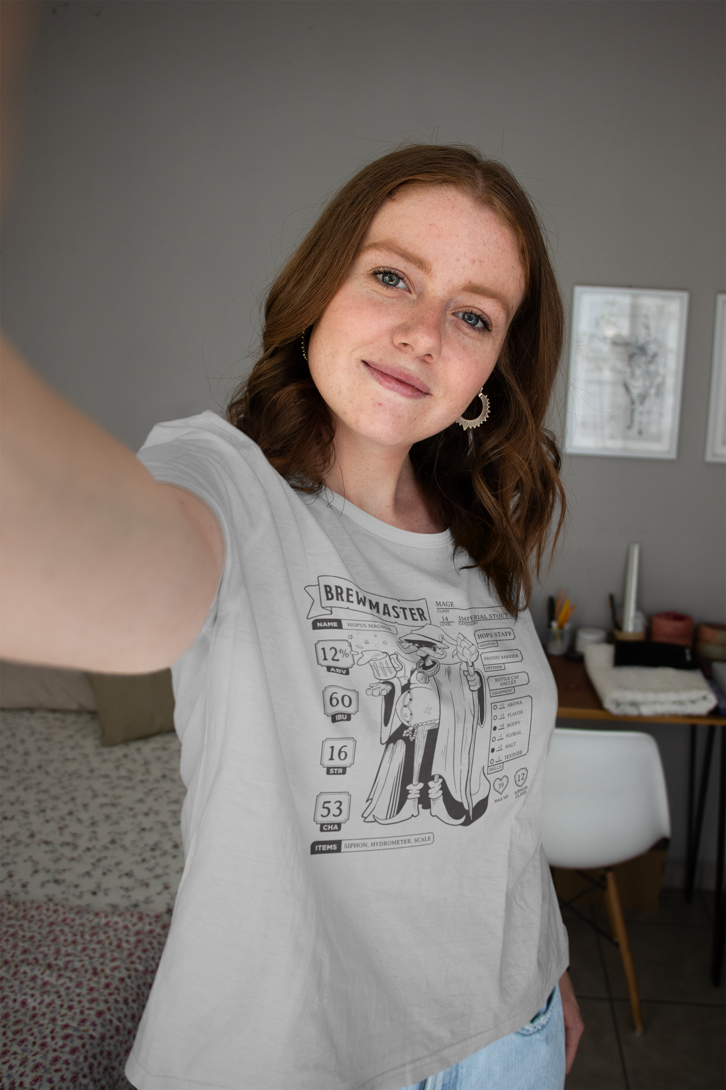Flattering women’s cut T-shirt showcasing tabletop RPG stats for brewers