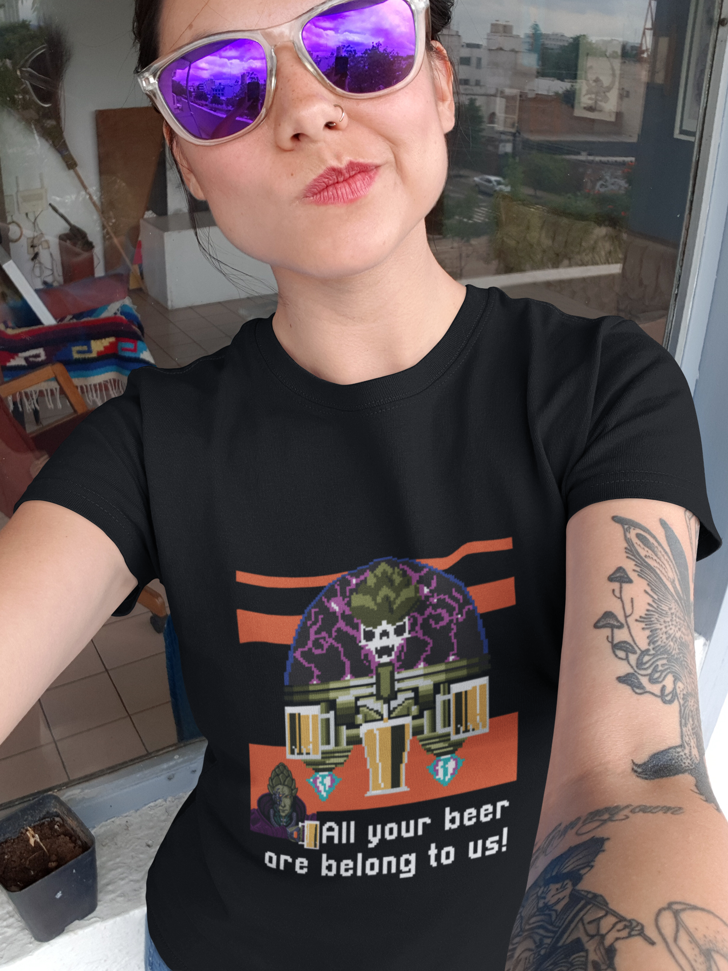 Craft beer setup featuring the "All Your Beer Are Belong To Us" Ladies' T-Shirt.