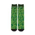 Green crew socks with hop vine pattern growing up the sock length