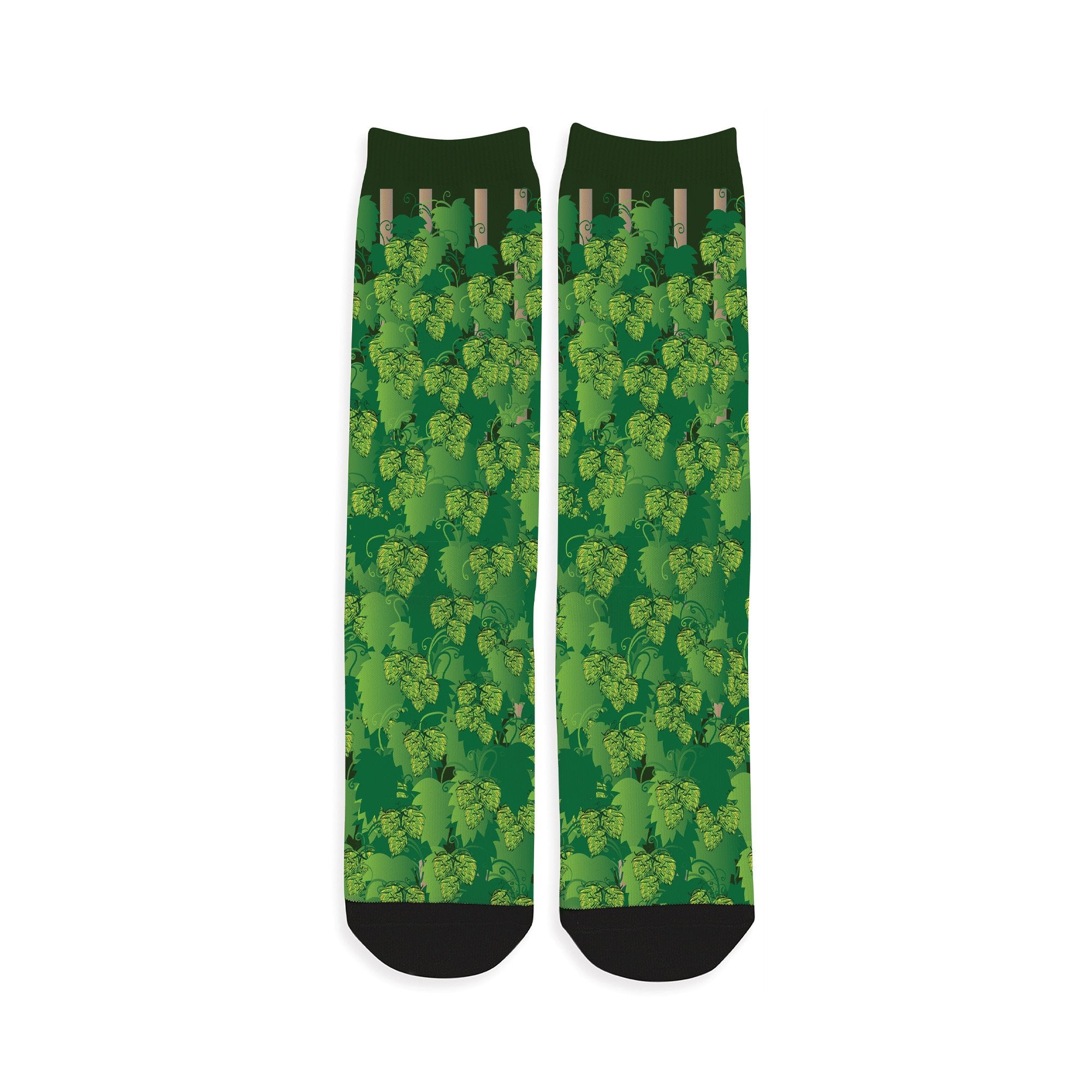Green crew socks with hop vine pattern growing up the sock length