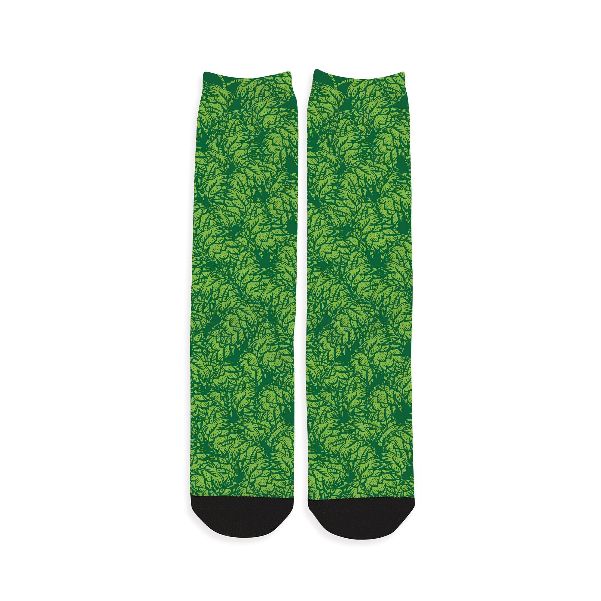 Green crew socks covered in hop-cone pattern with MORE HOPS on heel
