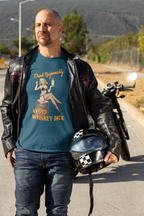 Blue t-shirt featuring Drink Responsibly and Avoid Whiskey Dick slogan